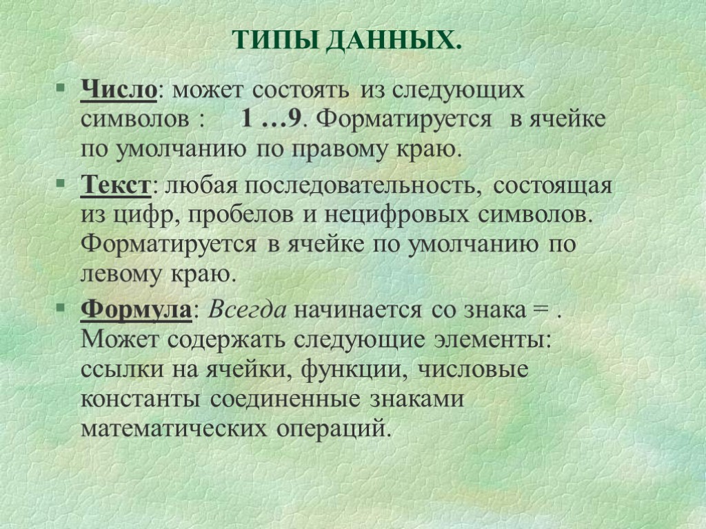 ТИПЫ ДАННЫХ. Число: может состоять из следующих символов : 1 …9. Форматируется в ячейке